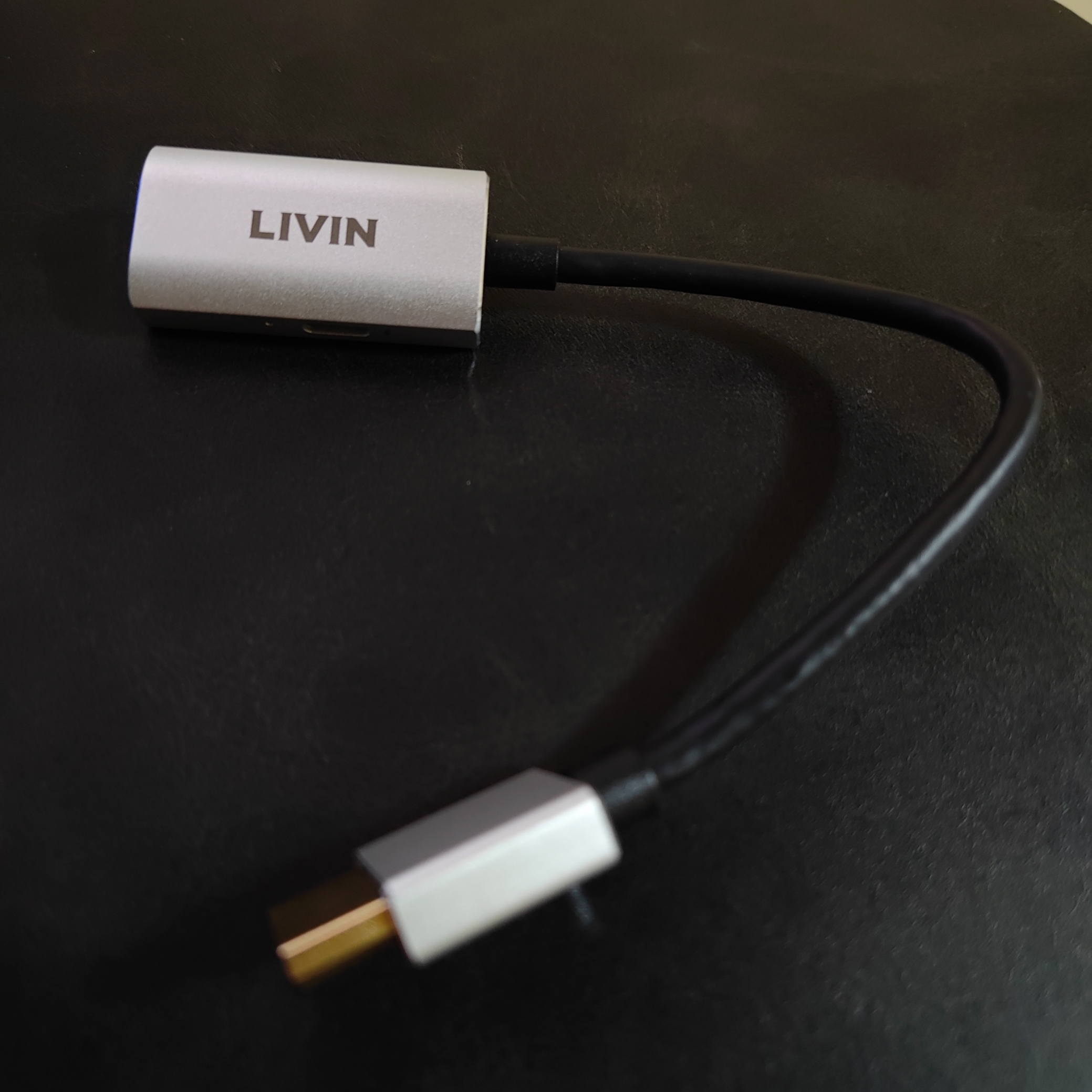 LIVINのロゴがある銀色の変換アダプターとケーブル